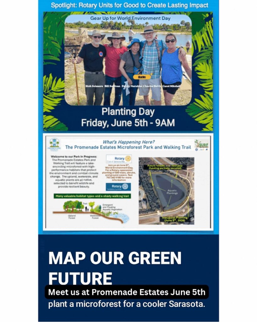 Promenade Planting Day flyer. Planting day is on Friday, June 5, 2026 starting at 9:000 AM. Honore Av and Bay St, Sarasaota, FL 34238